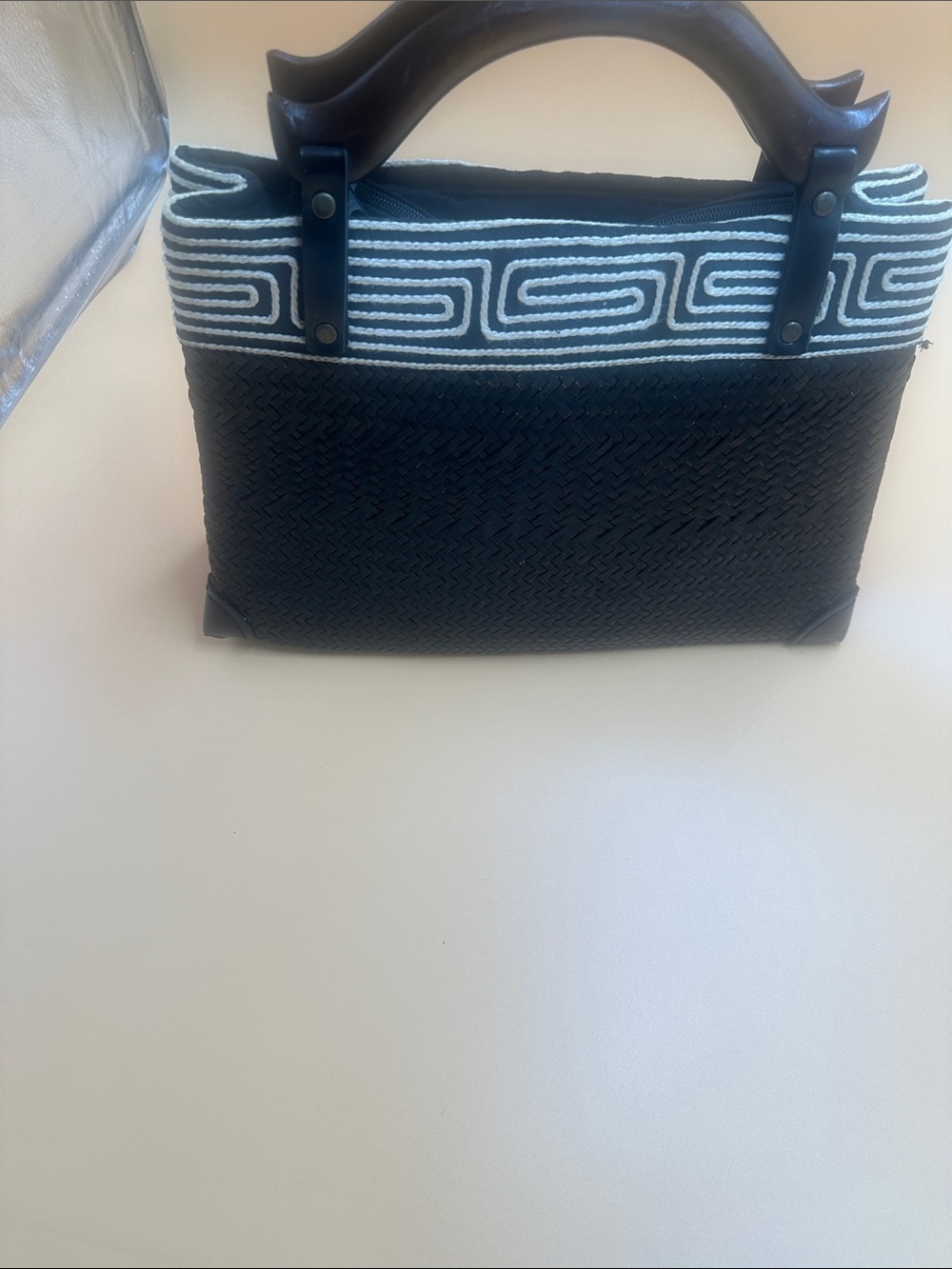 Black Woven Tote with White Embroidered Trim
